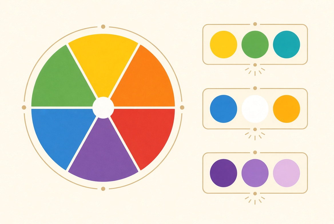 A simple color wheel beside three palette cards