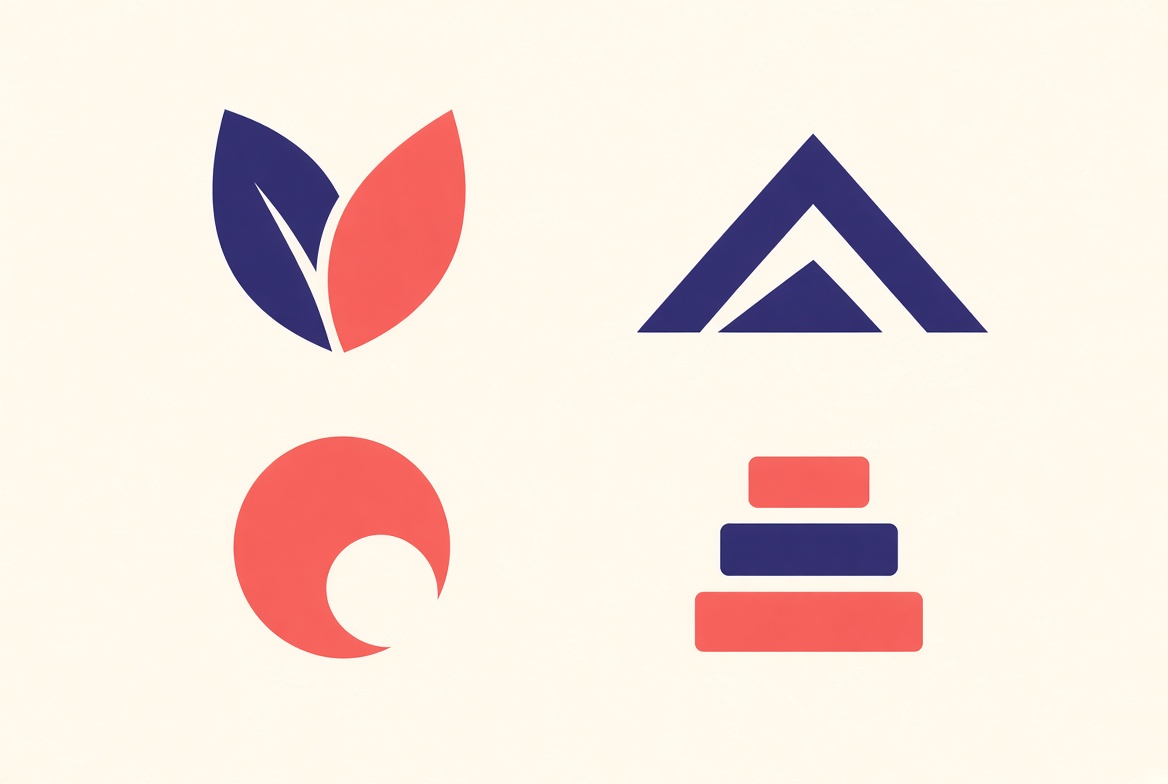 Four simple logo marks made from leaves, a chevron, a circle, and stacked bars