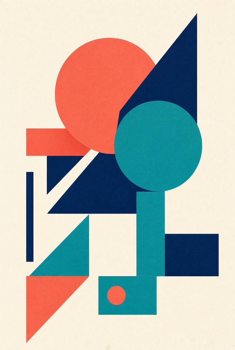 Abstract geometric poster with coral, indigo, and teal shapes